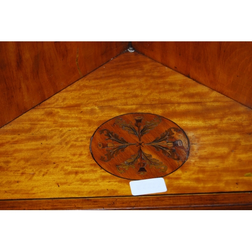 420 - 19th century inlaid satinwood corner cabinet, inlaid with urns and foliage, 90cm high and 53cm wide.