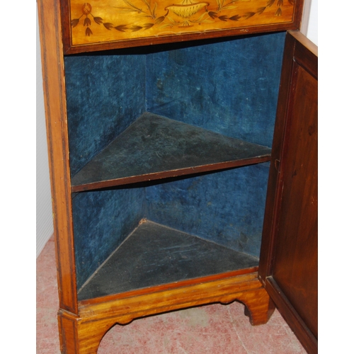 420 - 19th century inlaid satinwood corner cabinet, inlaid with urns and foliage, 90cm high and 53cm wide.