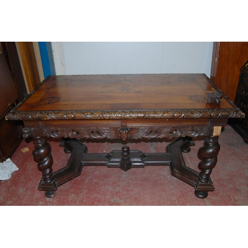 423 - Italian Baroque design centre table with marquetry inlaid rectangular top above pierced scroll friez... 