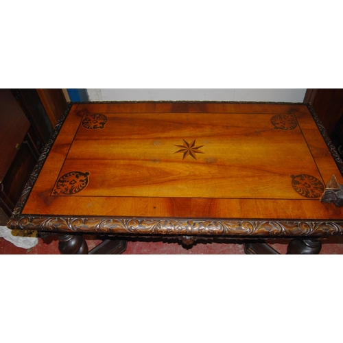 423 - Italian Baroque design centre table with marquetry inlaid rectangular top above pierced scroll friez... 