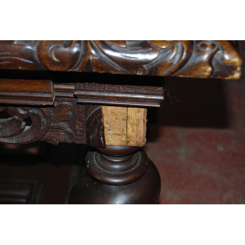 423 - Italian Baroque design centre table with marquetry inlaid rectangular top above pierced scroll friez... 