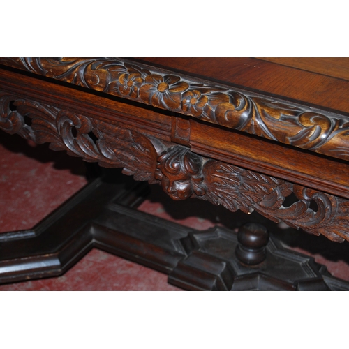 423 - Italian Baroque design centre table with marquetry inlaid rectangular top above pierced scroll friez... 