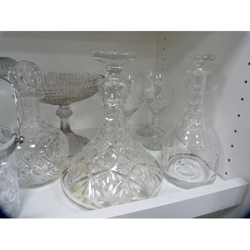 100 - Collection of glassware to include large comports, decanters, ice bucket etc (one shelf).