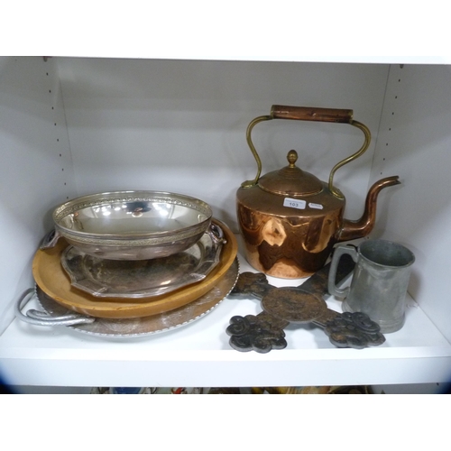 103 - Large copper kettle, EPNS trays, pewter mug etc (one shelf).