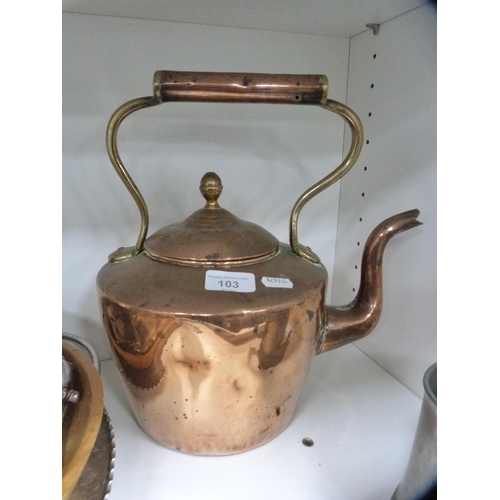 103 - Large copper kettle, EPNS trays, pewter mug etc (one shelf).