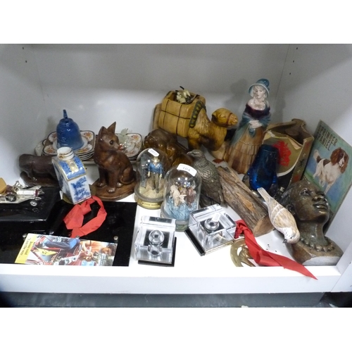 104 - Collection of decorative items to include cat model, model bird, camel, ornaments etc (one shelf).