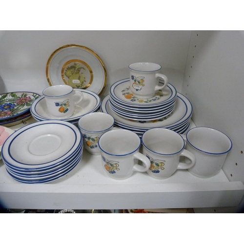 105 - Mexican part breakfast set, floral decorated tea set etc (one shelf).