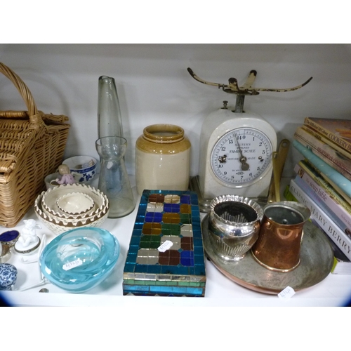 106 - Set of Salter scales, picnic basket, cookery books, blue and white plates, lamp etc (two shelves).