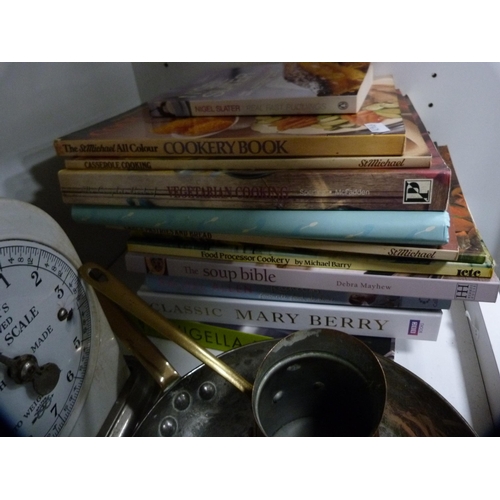 106 - Set of Salter scales, picnic basket, cookery books, blue and white plates, lamp etc (two shelves).