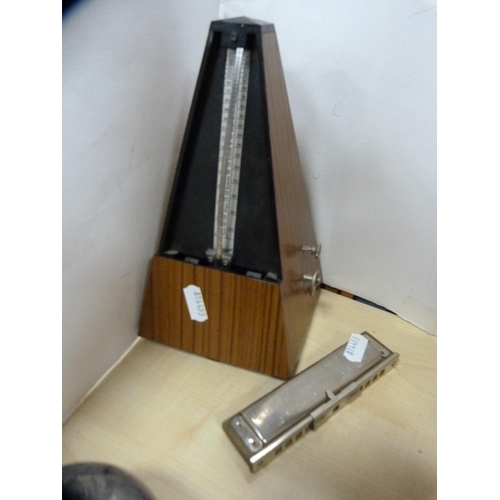 11 - Metronome, harmonica, brass pestle and mortar, paperweights, pair of Chokin vases, similar boxes, co... 