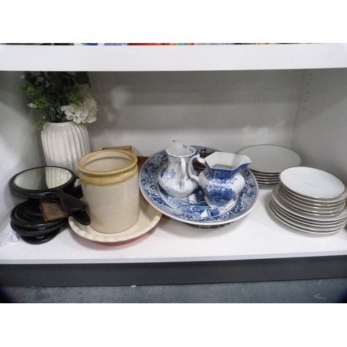 111 - 19th century blue and white ashet, two blue and white jugs, stoneware crock etc (one shelf).