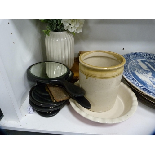 111 - 19th century blue and white ashet, two blue and white jugs, stoneware crock etc (one shelf).