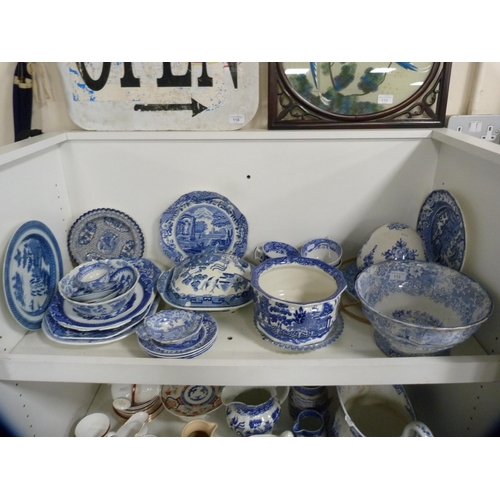 112 - Collection of 19th century and later blue and white ceramics to include plates, rum butter bowl, tur... 