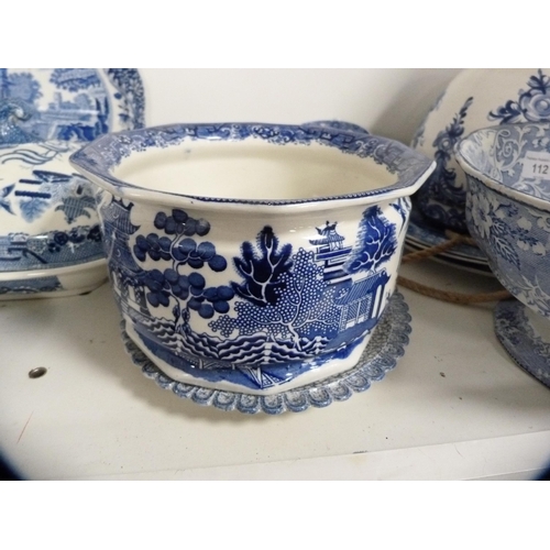 112 - Collection of 19th century and later blue and white ceramics to include plates, rum butter bowl, tur... 