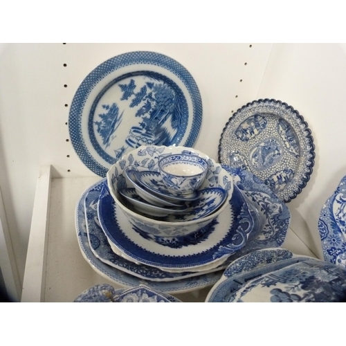 112 - Collection of 19th century and later blue and white ceramics to include plates, rum butter bowl, tur... 