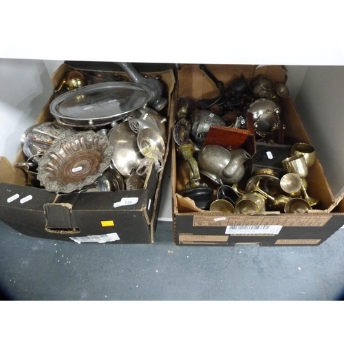 114 - Large collection of EP and metalware to include knight figure, pewter kettle, tea sets etc (one... 