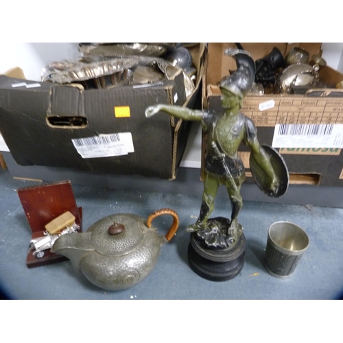 114 - Large collection of EP and metalware to include knight figure, pewter kettle, tea sets etc (one... 