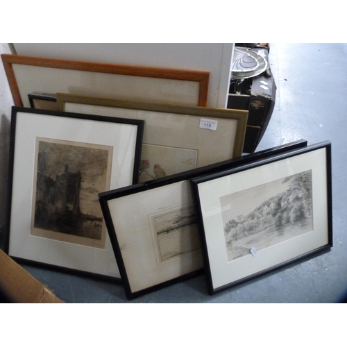 119 - Collection of framed prints to include a bridge, signed by F Robson, another by P Dudley, bird print... 