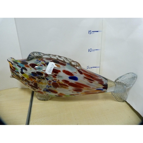 12 - Mdina glass multicoloured fish and a Jema Holland model of a bird.