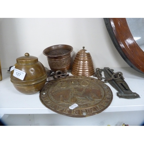 127 - Collection of metalware to include tobacco jar, Cyrus Price & Co lock plate, scales etc.