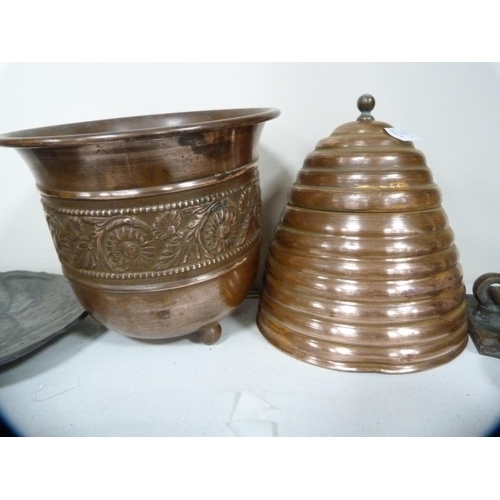 127 - Collection of metalware to include tobacco jar, Cyrus Price & Co lock plate, scales etc.