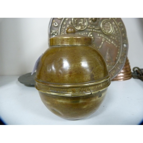 127 - Collection of metalware to include tobacco jar, Cyrus Price & Co lock plate, scales etc.