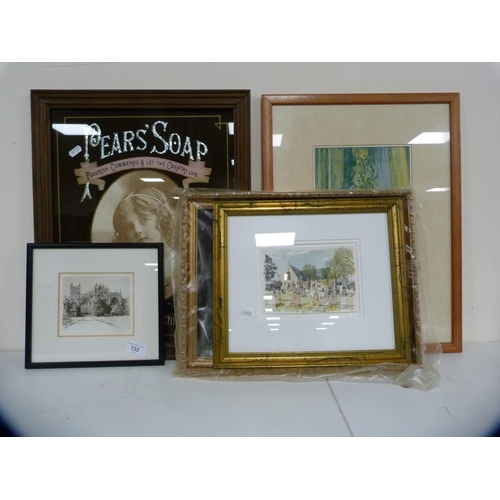 132 - Pear's Soap advertising print, framed engraving, a gilt frame and two other pictures.