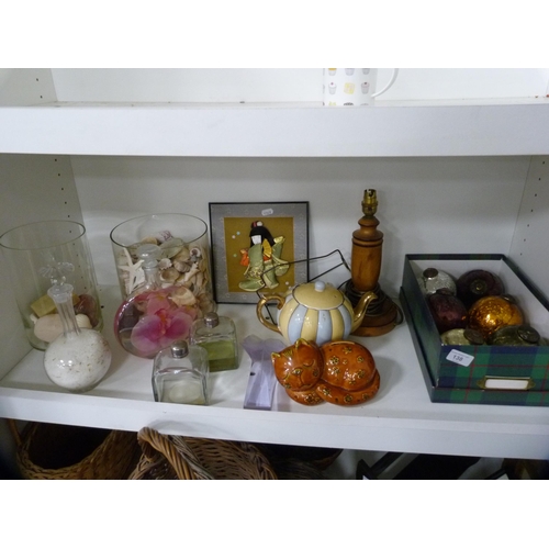 138 - Set of six large Christmas decorations, shells, decorative teapot etc (one shelf).