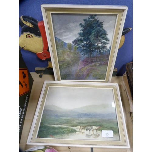 15 - Munitions box, model of a pig, and two framed watercolours by SJ Kerr.