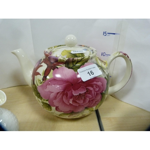 16 - Fieldings lustre ware blue bowl, Belleek sugar and cream, another cream jug, floral decorated teapot... 