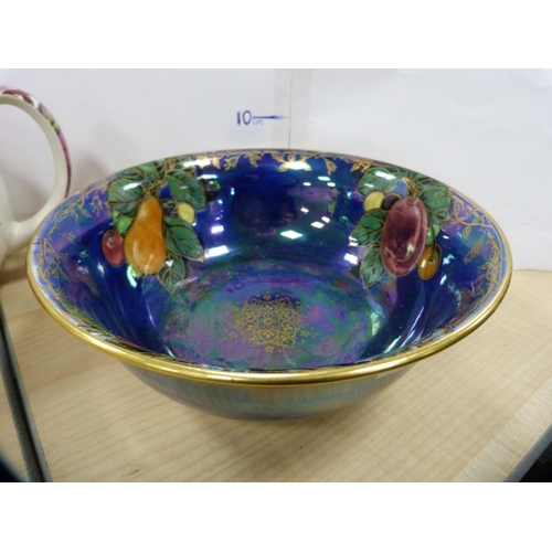 16 - Fieldings lustre ware blue bowl, Belleek sugar and cream, another cream jug, floral decorated teapot... 