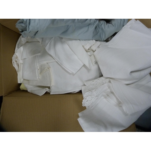 34 - Carton containing various linen, throws, cushion etc.