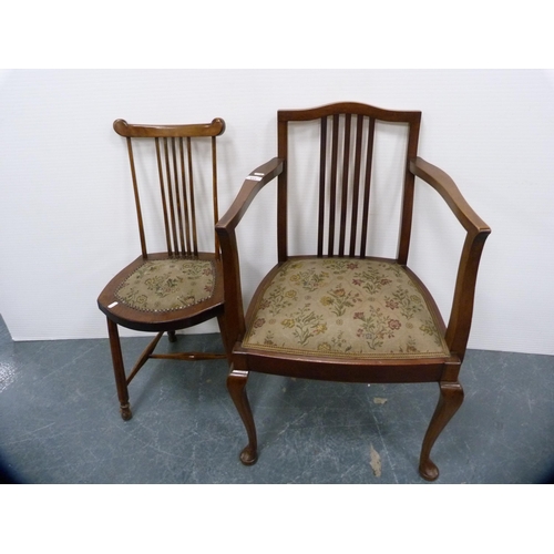 412 - Edwardian mahogany carver chair and a single spindle-back chair.  (2)