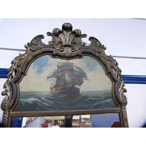 42 - Rococo-style wall mirror with a painting of a ship over the rectangular plate, 130cm high and 60cm w... 