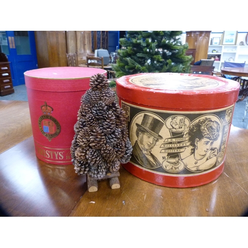 424 - The Indestructible Trunk Container hat box, another hat box, and a wooden Christmas tree.