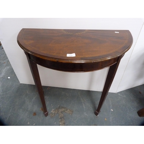 439 - Victorian-style mahogany octagonal table and an inlaid mahogany demi-lune table.  (2)