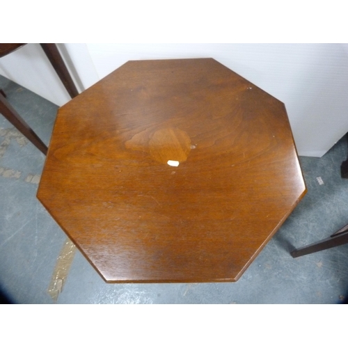 439 - Victorian-style mahogany octagonal table and an inlaid mahogany demi-lune table.  (2)