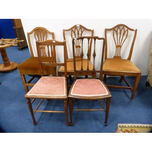 457 - Set of three matching Hepplewhite-style shield-back dining chairs and two parlour chairs.  (5)