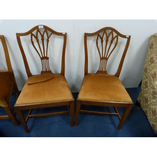 457 - Set of three matching Hepplewhite-style shield-back dining chairs and two parlour chairs.  (5)