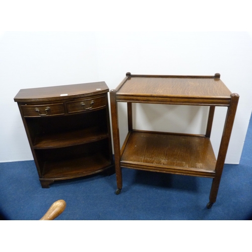 458 - Small mahogany open bookcase with two drawers above and an oak tea trolley.  (2)