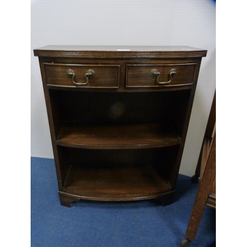 458 - Small mahogany open bookcase with two drawers above and an oak tea trolley.  (2)