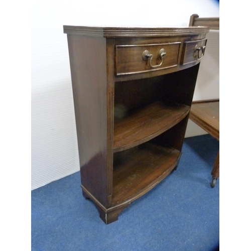 458 - Small mahogany open bookcase with two drawers above and an oak tea trolley.  (2)