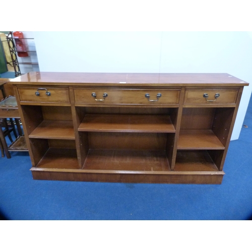 459 - Modern yew wood open display bookcase with drawers above.