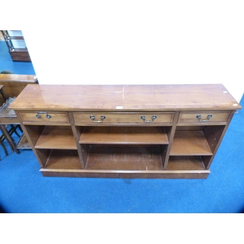 459 - Modern yew wood open display bookcase with drawers above.