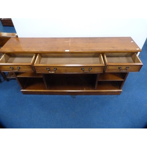 459 - Modern yew wood open display bookcase with drawers above.