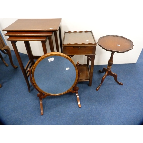 462 - Mahogany nest of three tables, wine table, small Chippendale-style stand and a swing oval dressing m... 