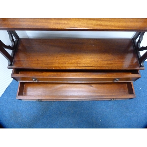 466 - Reproduction mahogany hanging wall shelf with two drawers below.