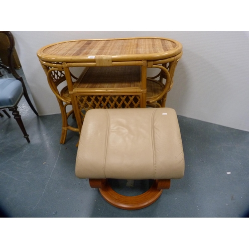 475 - Modern bamboo-effect conservatory D-end table and two chairs, and a Stressless-style foot stool.