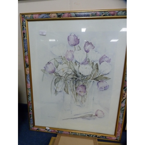 50 - Pencil signed engraving of a church, a watercolour of flowers and three other pictures.  (5)