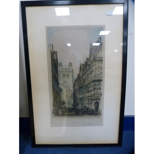 50 - Pencil signed engraving of a church, a watercolour of flowers and three other pictures.  (5)